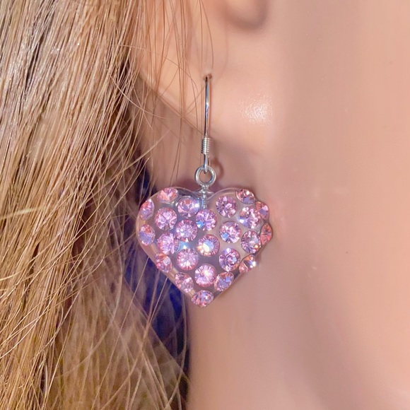 Women’s heart shape transparent acrylic earrings embellished with pink crystals - Picture 3 of 12